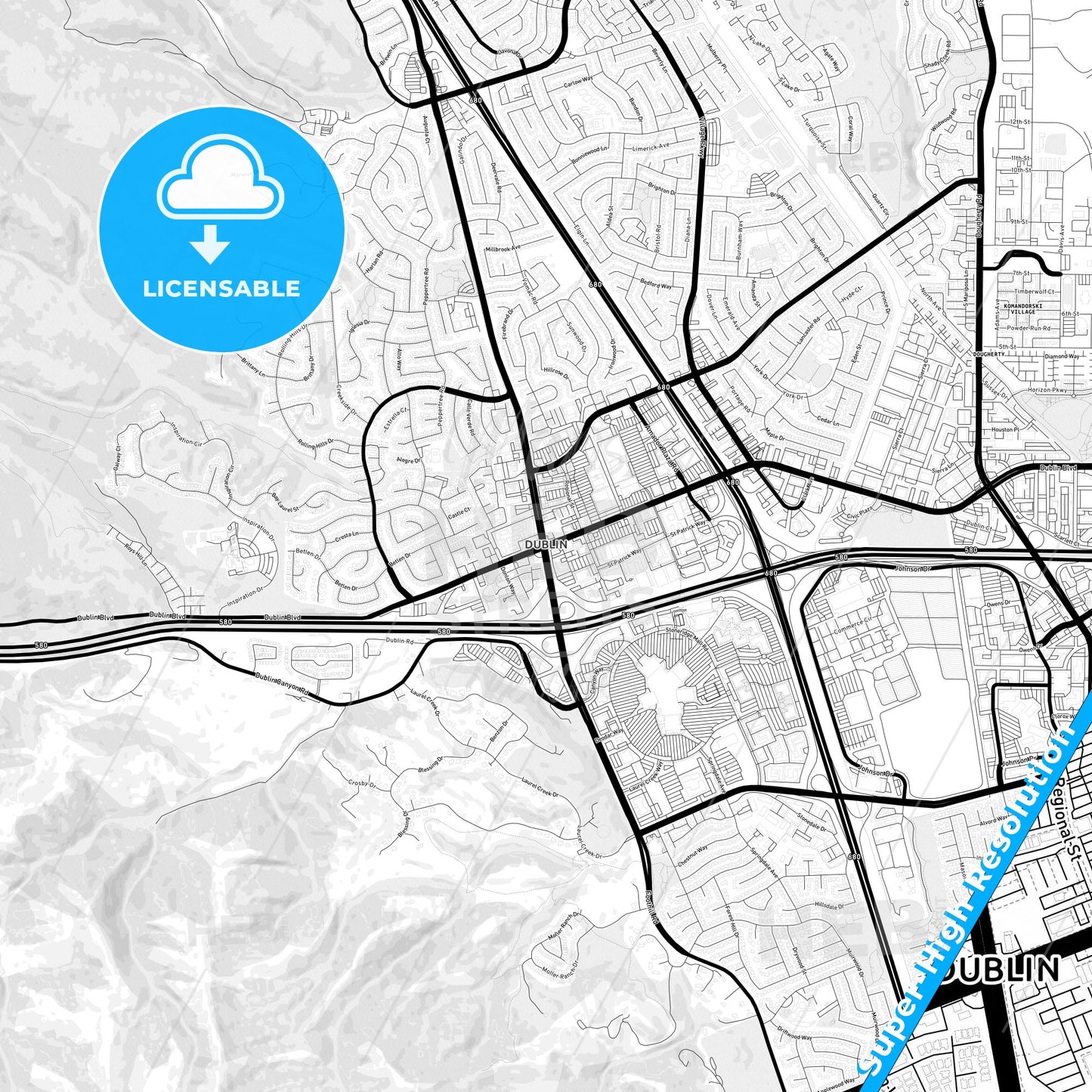 Dublin, California Light Map with Street Names, City Names, and Districts