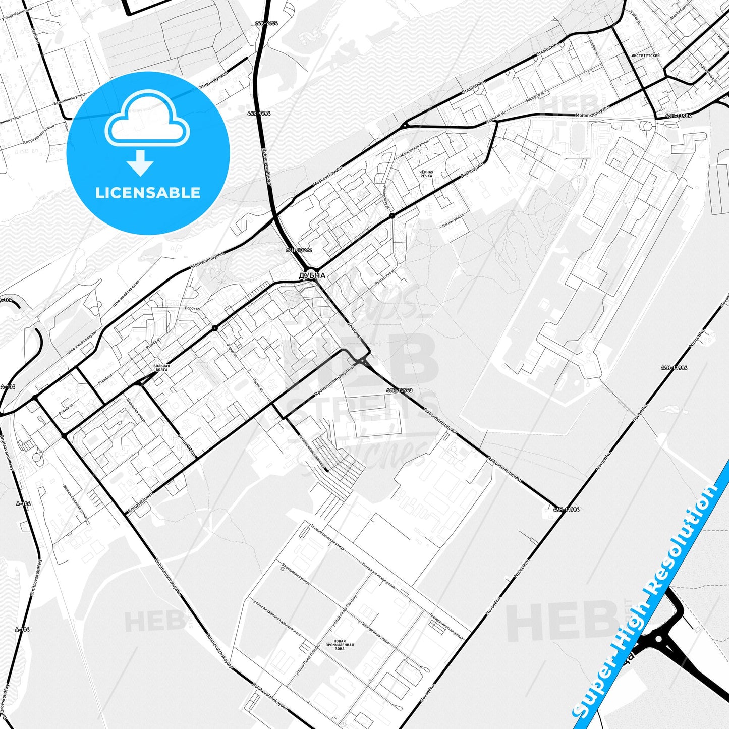 Dubna, Russia Light Map with Street Names, City Names, and Districts