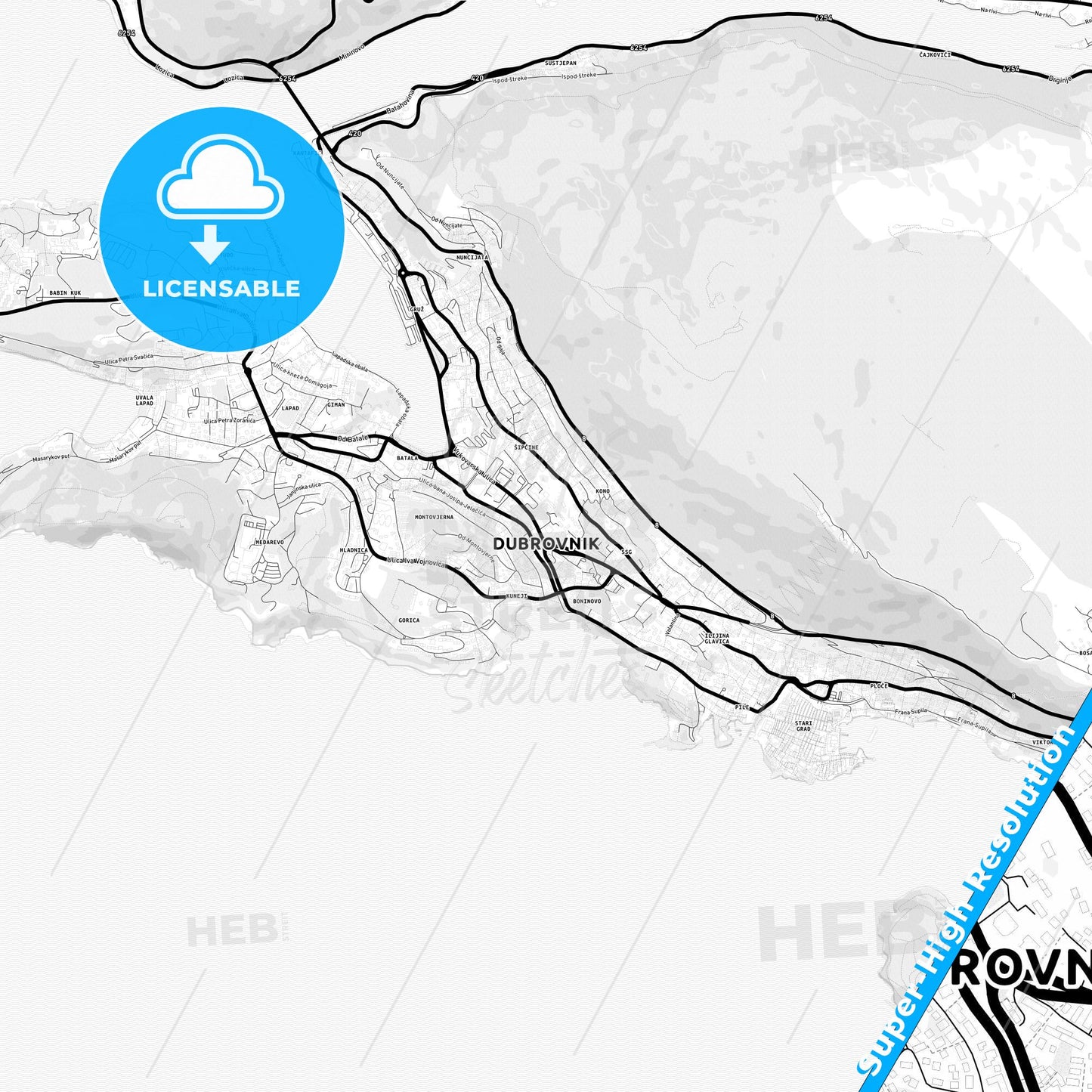 Dubrovnik, Croatia Light Map with Street Names, City Names, and Districts