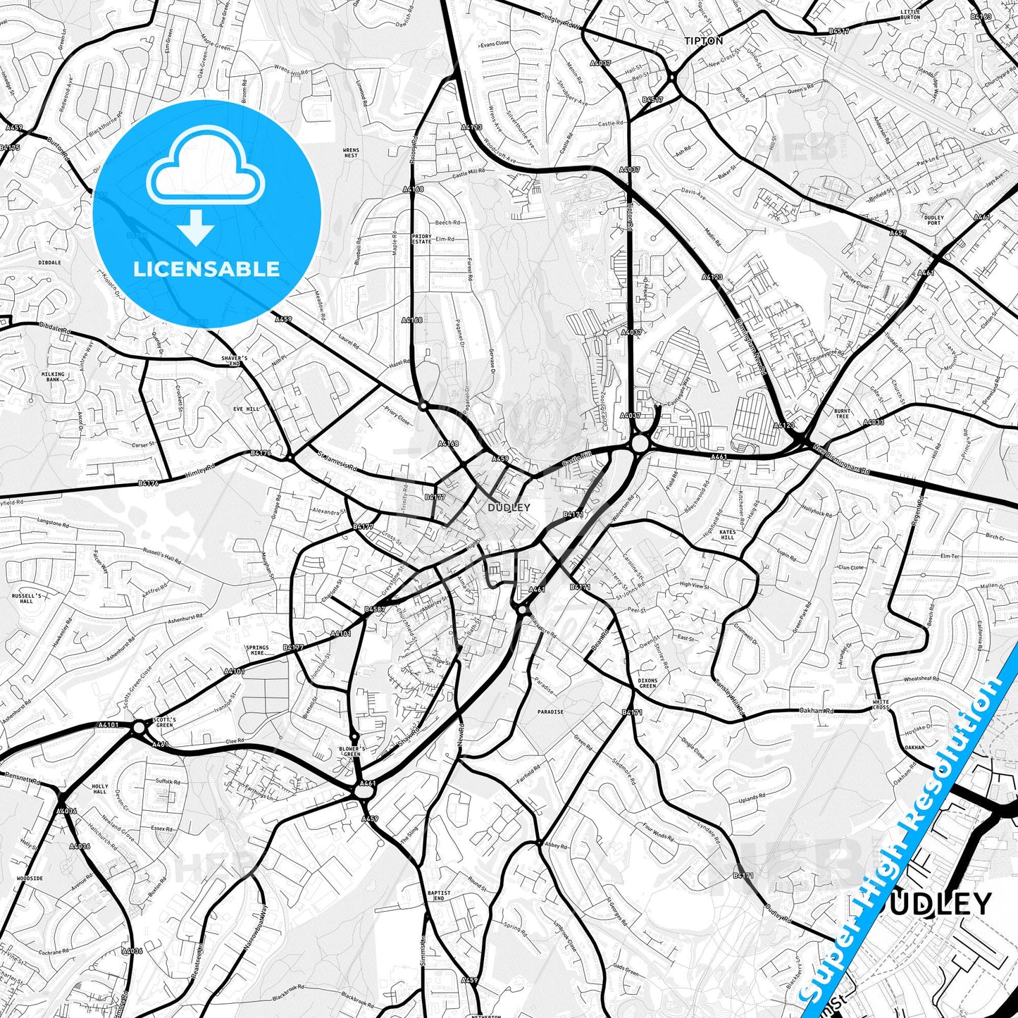 Dudley, England Light Map with Street Names, City Names, and Districts