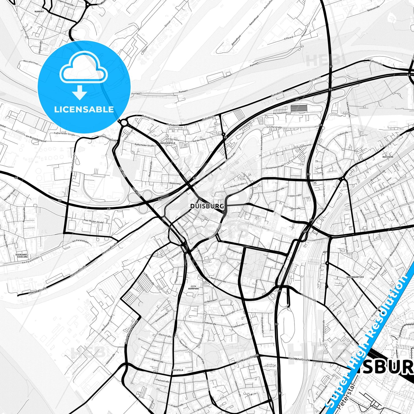 Duisburg, Germany Light Map with Street Names, City Names, and Districts