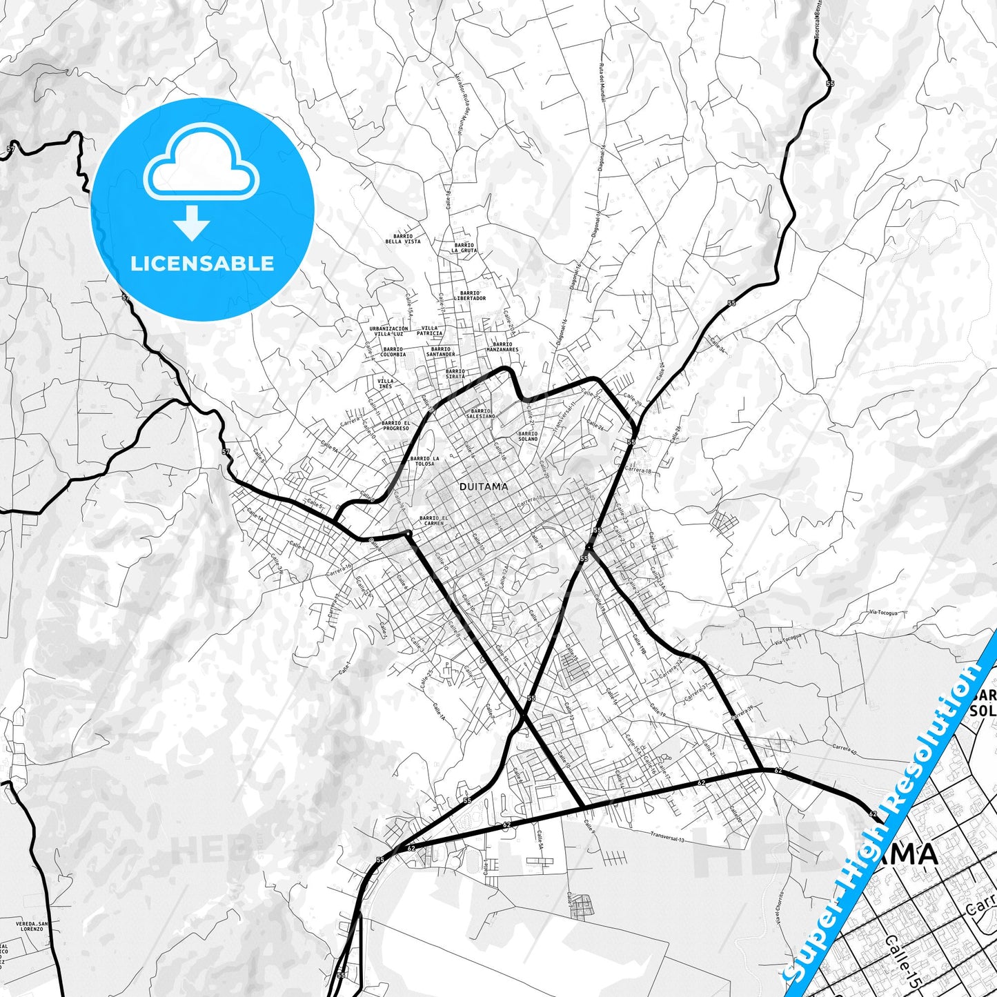 Duitama, Colombia Light Map with Street Names, City Names, and Districts