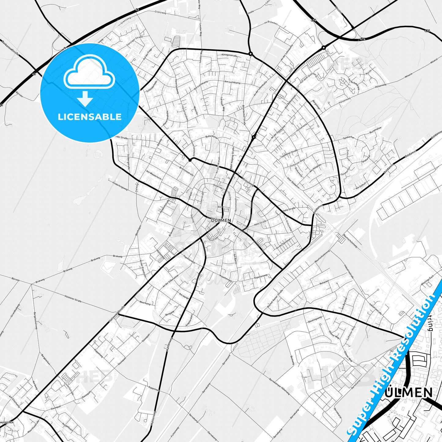 Dulmen, Germany Light Map with Street Names, City Names, and Districts