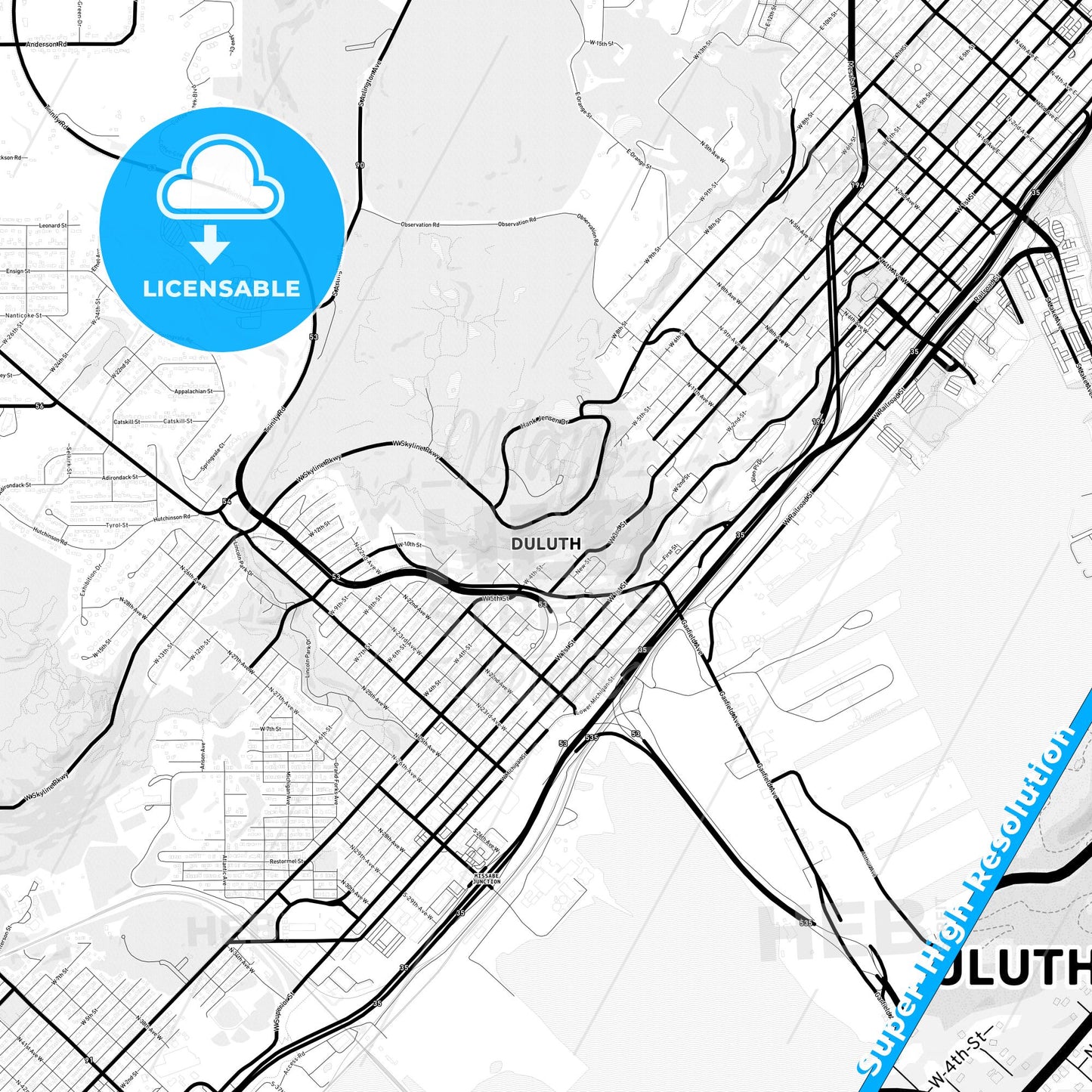 Duluth, Minnesota Light Map with Street Names, City Names, and Districts