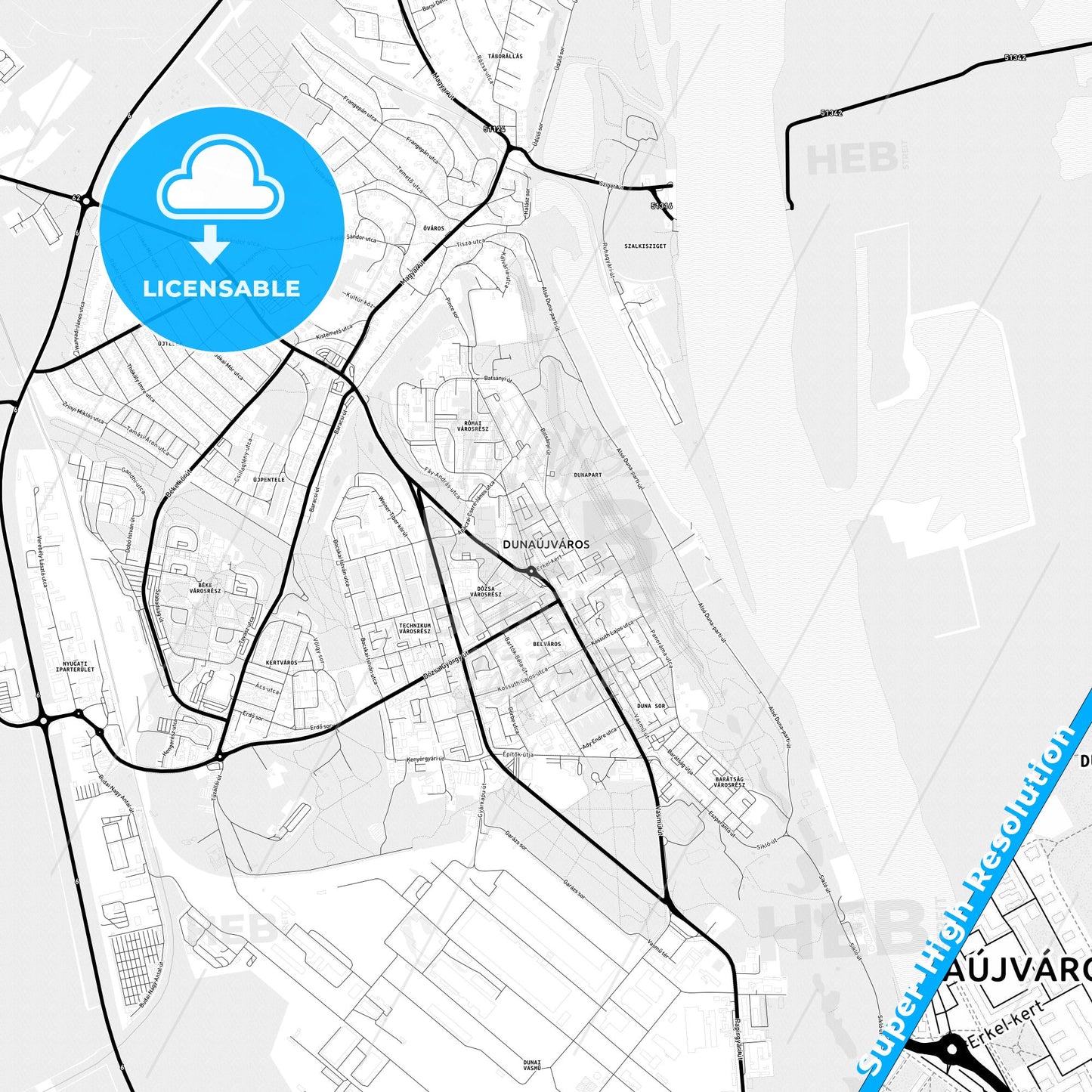 Dunaújváros, Hungary Light Map with Street Names, City Names, and Districts
