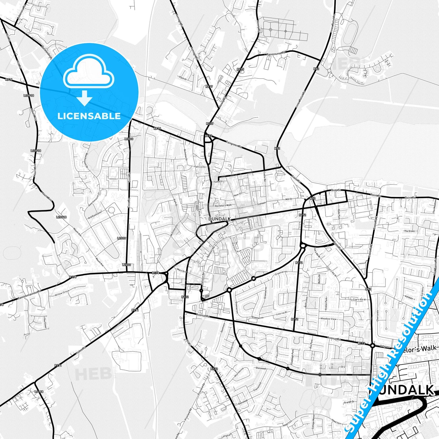 Dundalk, Ireland Light Map with Street Names, City Names, and Districts