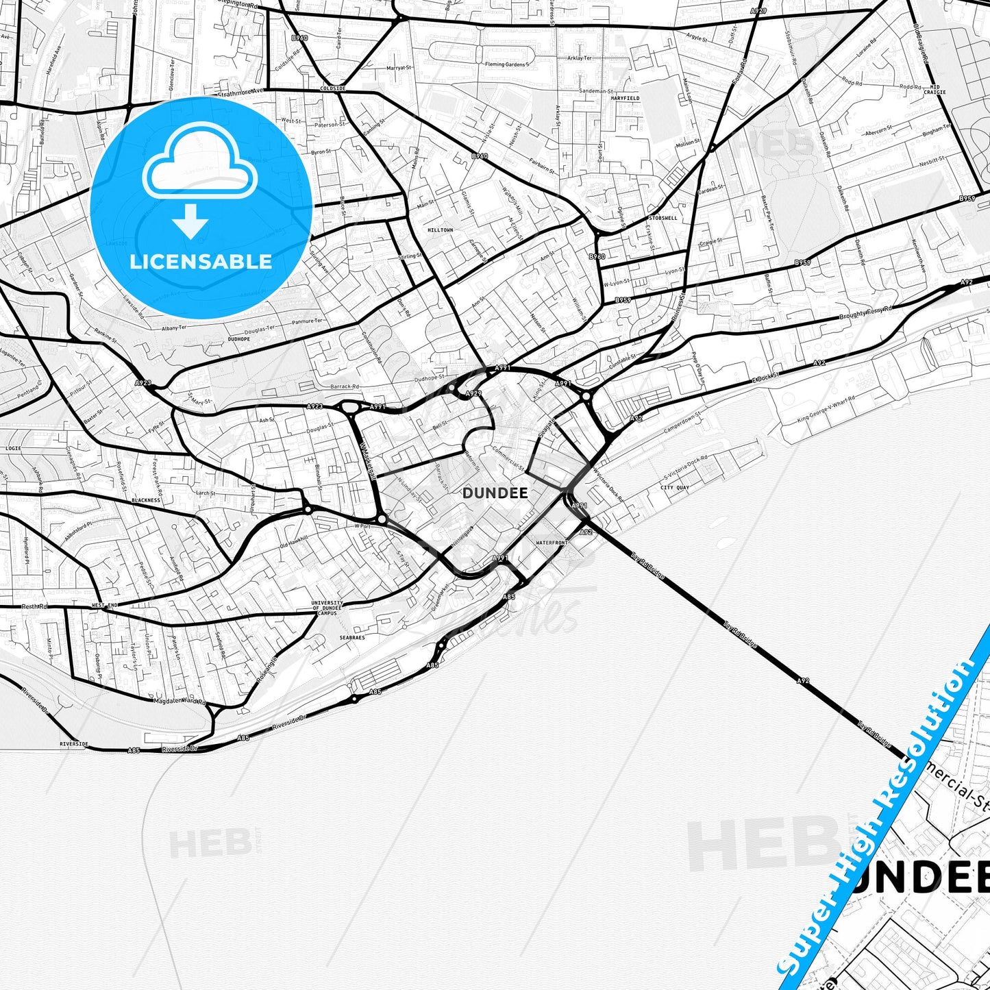 Dundee, Scotland Light Map with Street Names, City Names, and Districts