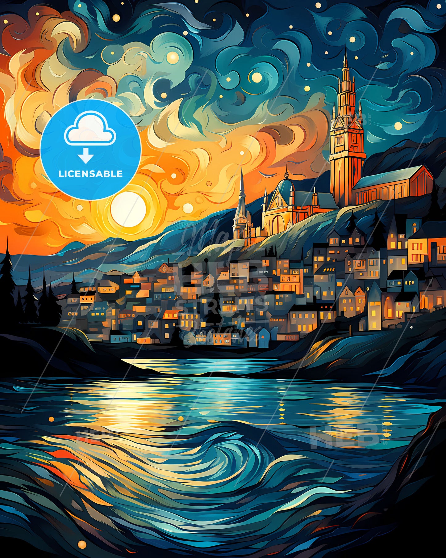 Vibrant Art Painting Dunedin Skyline City Church River New Zealand