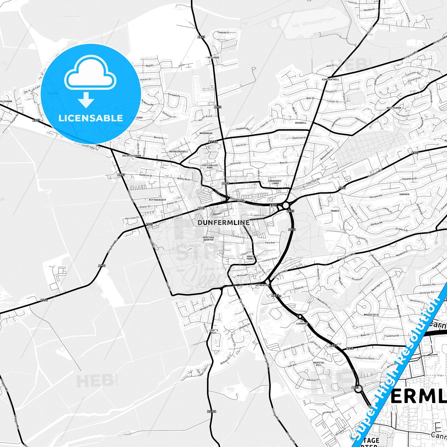 Dunfermline, Scotland Light Map with Street Names, City Names, and Districts
