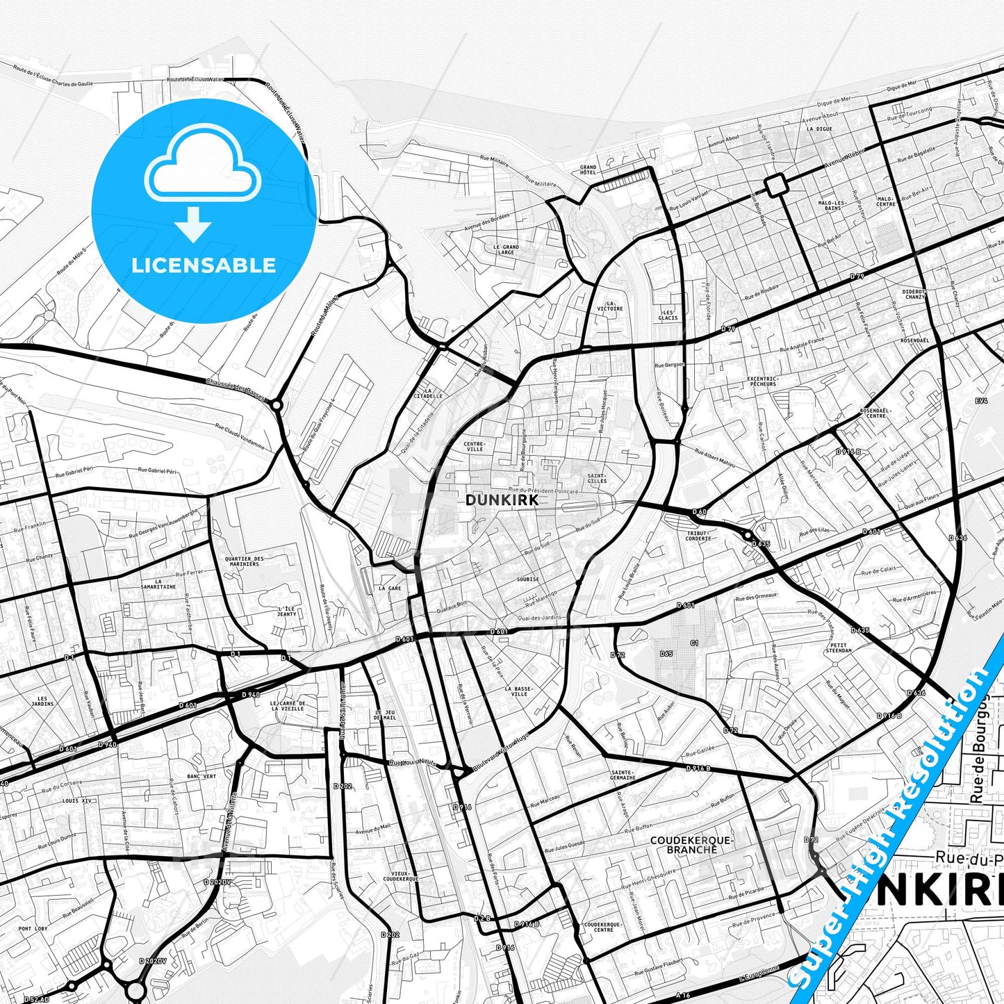 Dunkirk, France Light Map with Street Names, City Names, and Districts