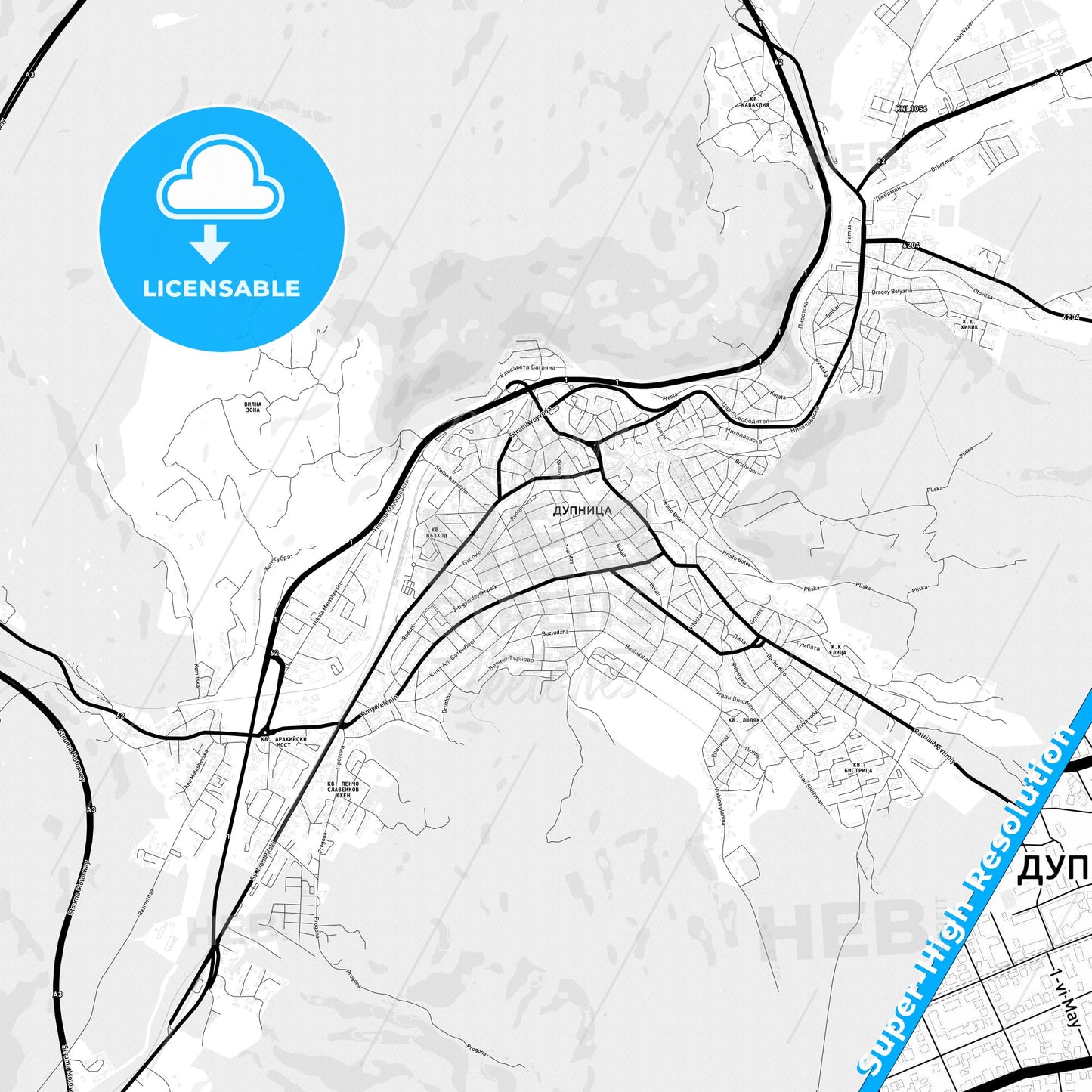 Dupnitsa, Bulgaria Light Map with Street Names, City Names, and Districts