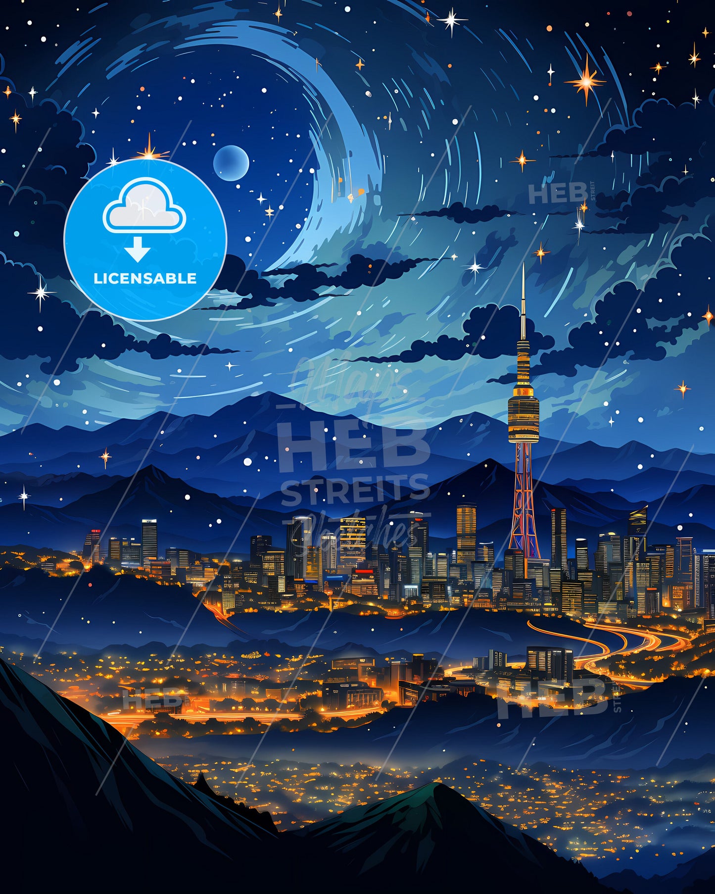 Artistic Cityscape Painting, Duque de Caxias Brazil Skyline, Mountain Range, Night Sky, Vibrant Colors