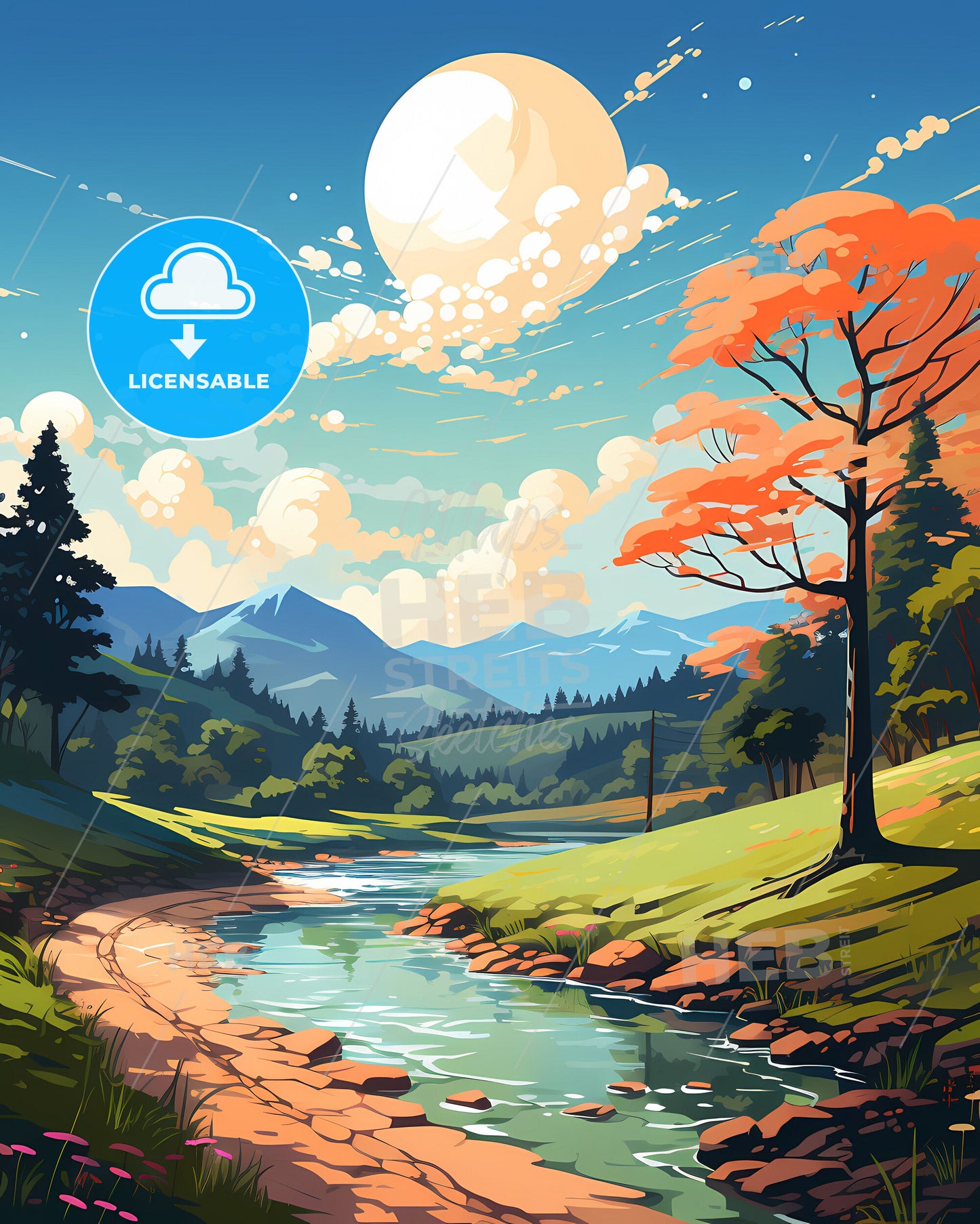 Vibrant Brazilian Painting River Valley Skyline Duque Caxias