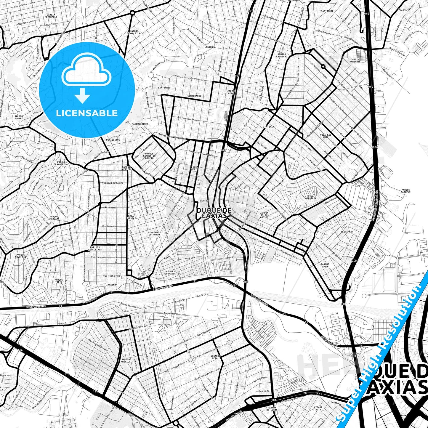 Duque de Caxias, Brazil Light Map with Street Names, City Names, and Districts