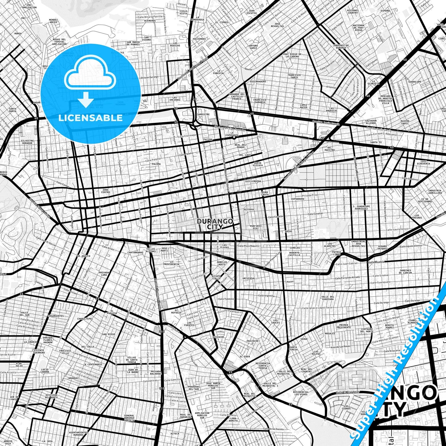 Durango, Mexico Light Map with Street Names, City Names, and Districts