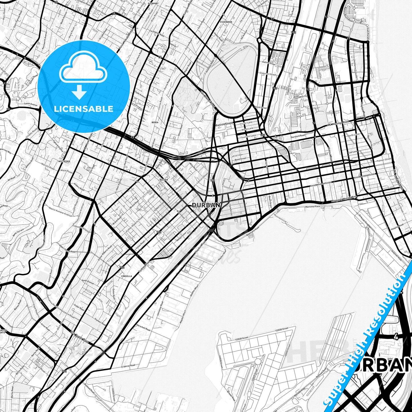 Durban, South Africa Light Map with Street Names, City Names, and Districts