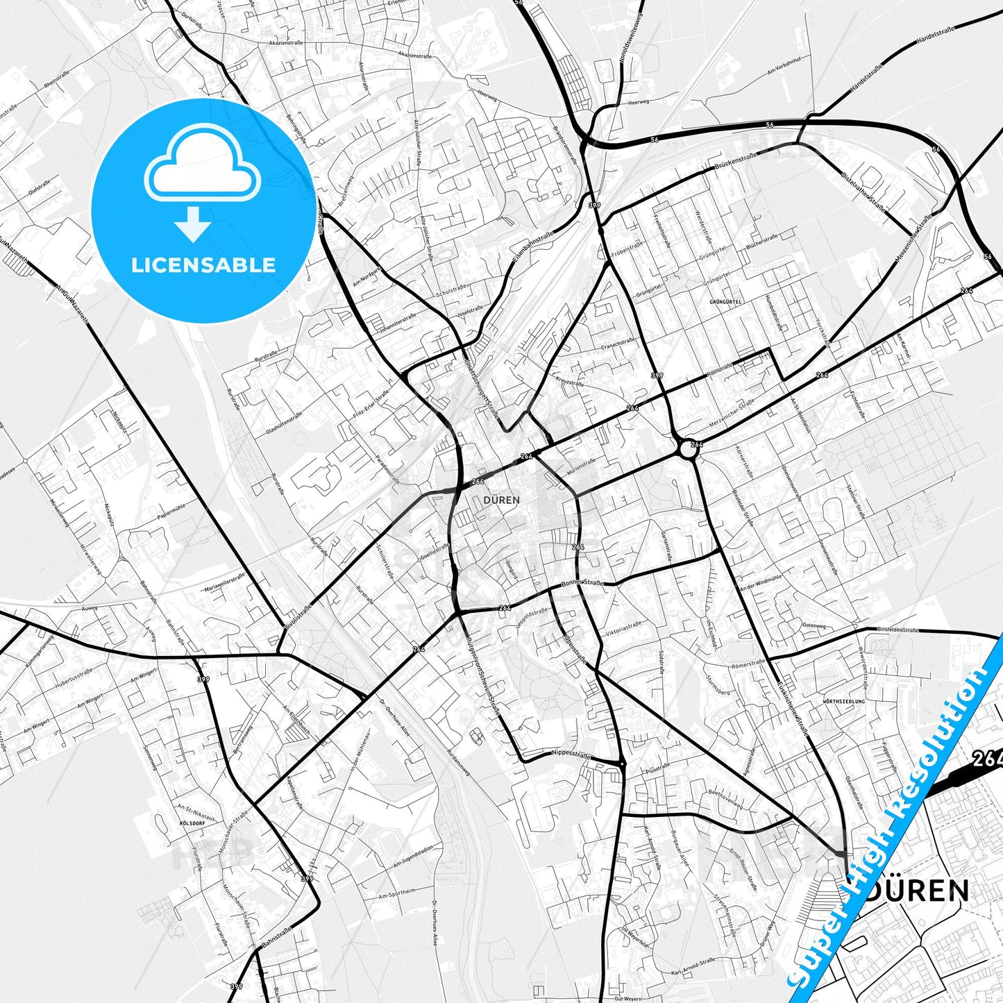 Duren, Germany Light Map with Street Names, City Names, and Districts