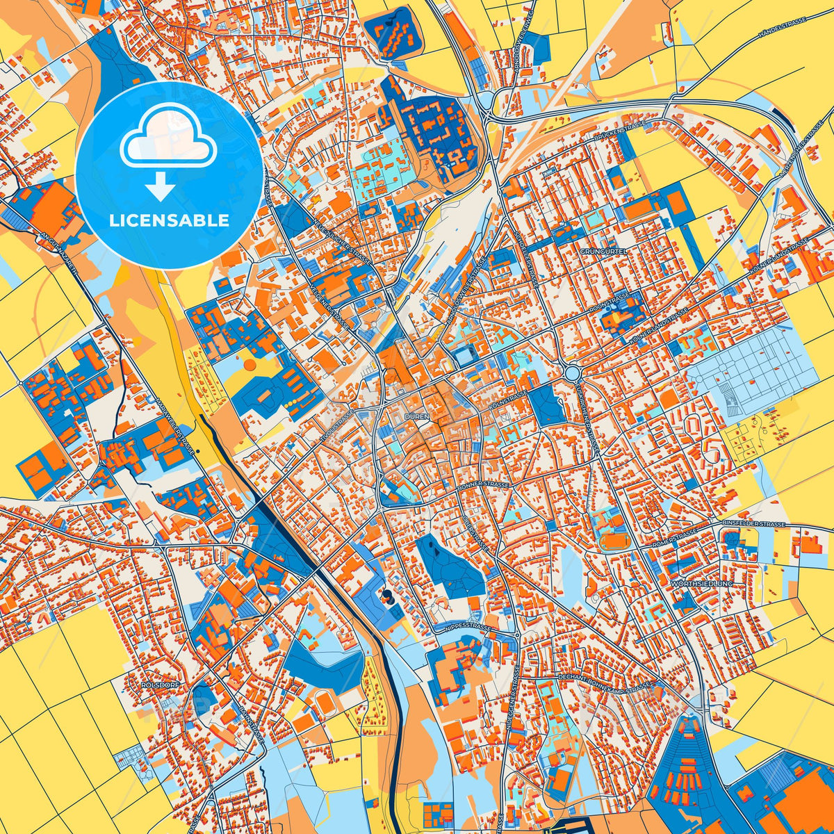 Colorful Duren Street Map with Labels and Buildings