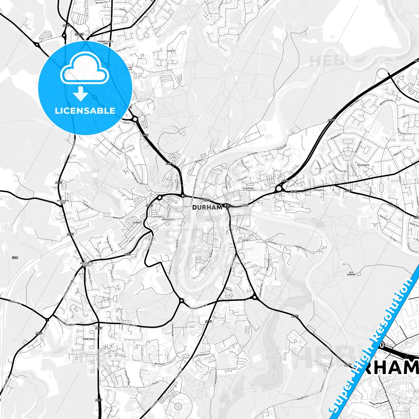 Durham, England Light Map with Street Names, City Names, and Districts