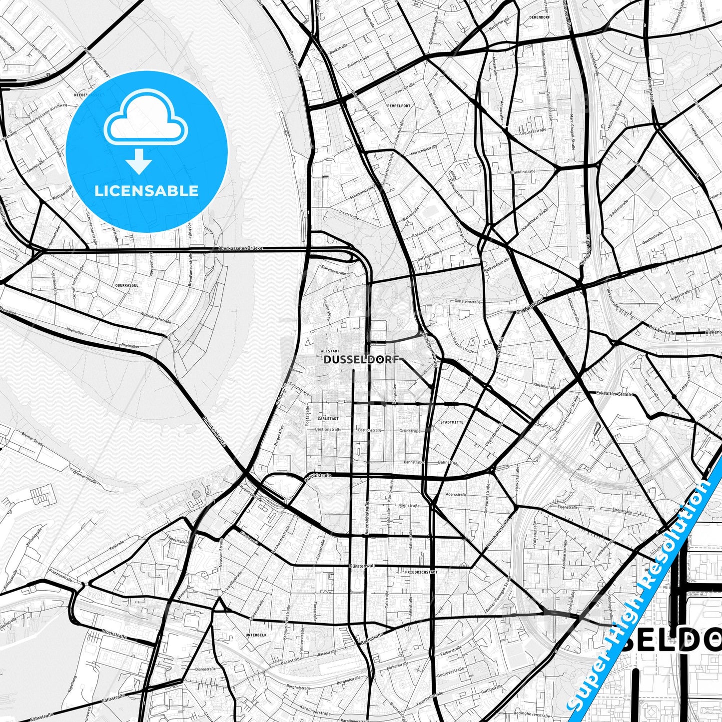 Düsseldorf, Germany Light Map with Street Names, City Names, and Districts