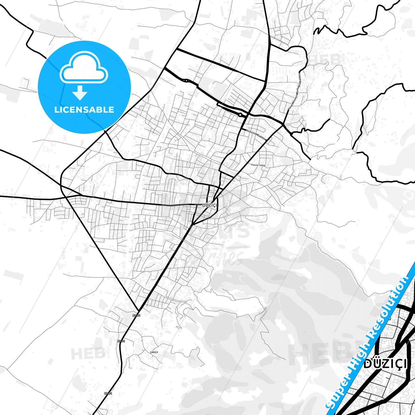 Düziçi, Turkey Light Map with Street Names, City Names, and Districts