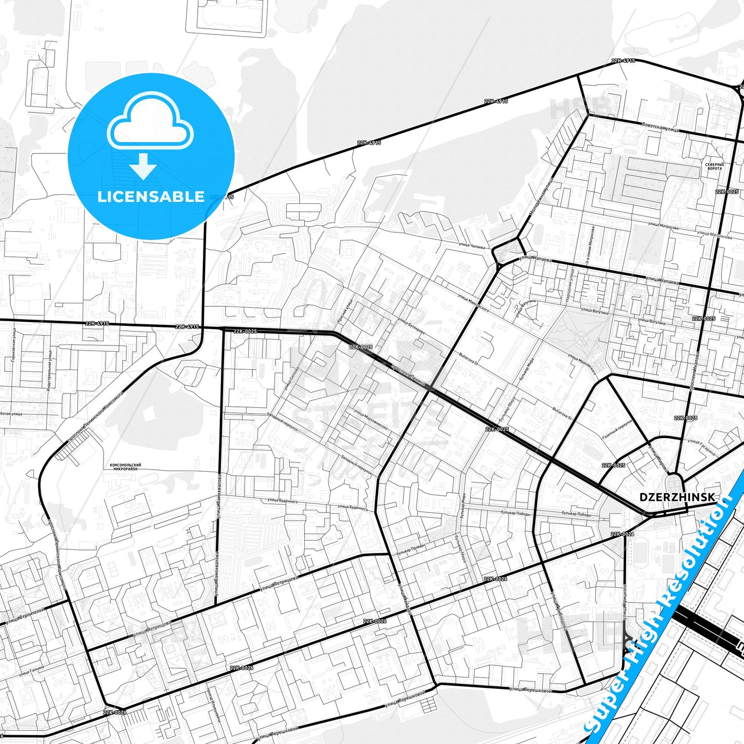 Dzerzhinsk, Russia Light Map with Street Names, City Names, and Districts