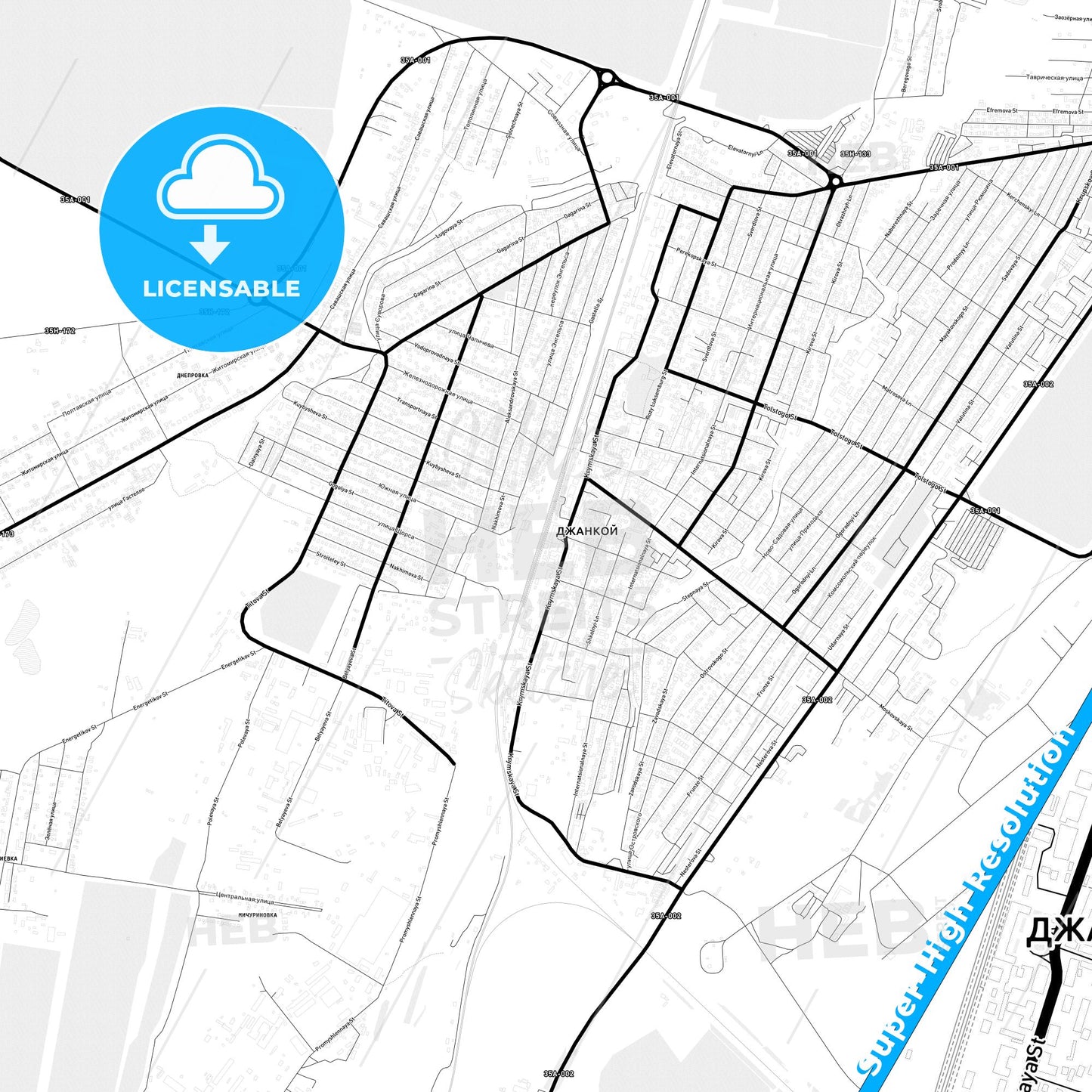 Dzhankoy, Ukraine Light Map with Street Names, City Names, and Districts