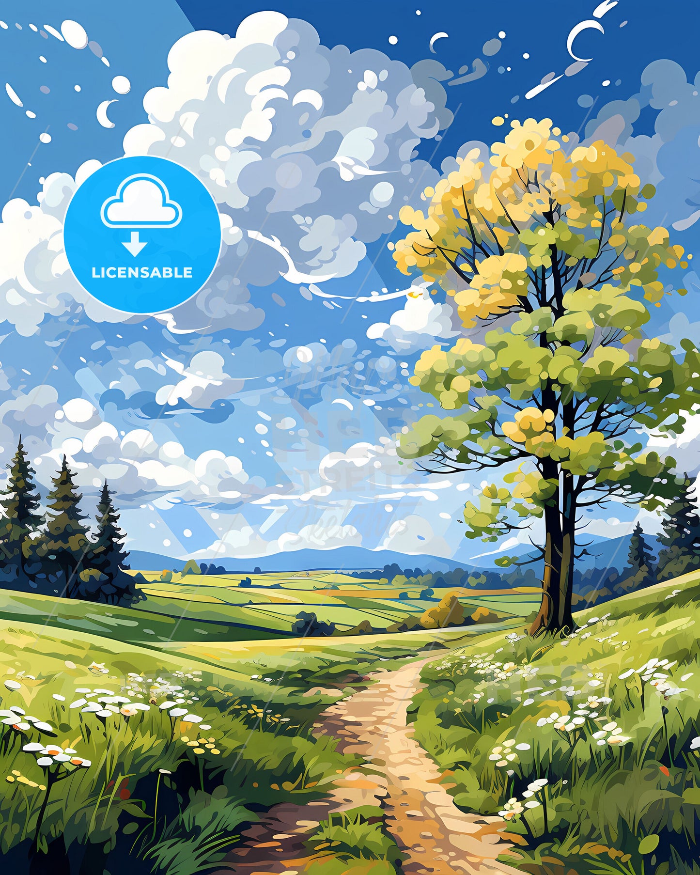 East Jakarta Indonesia Skyline Painting, Landscape, Path, Trees, Vibrant, Art