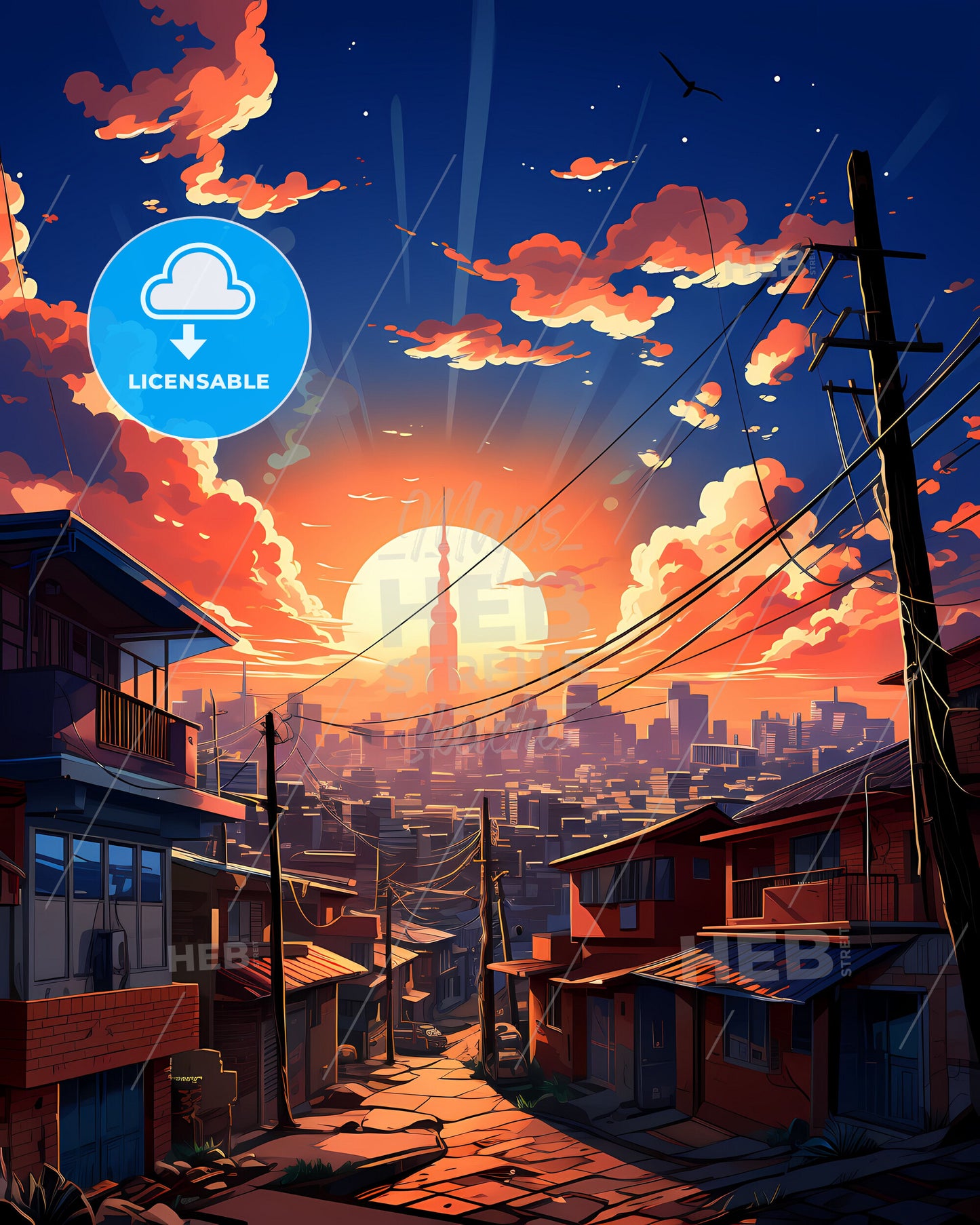 Artistic Indonesian cityscape sunset skyline with buildings powerlines