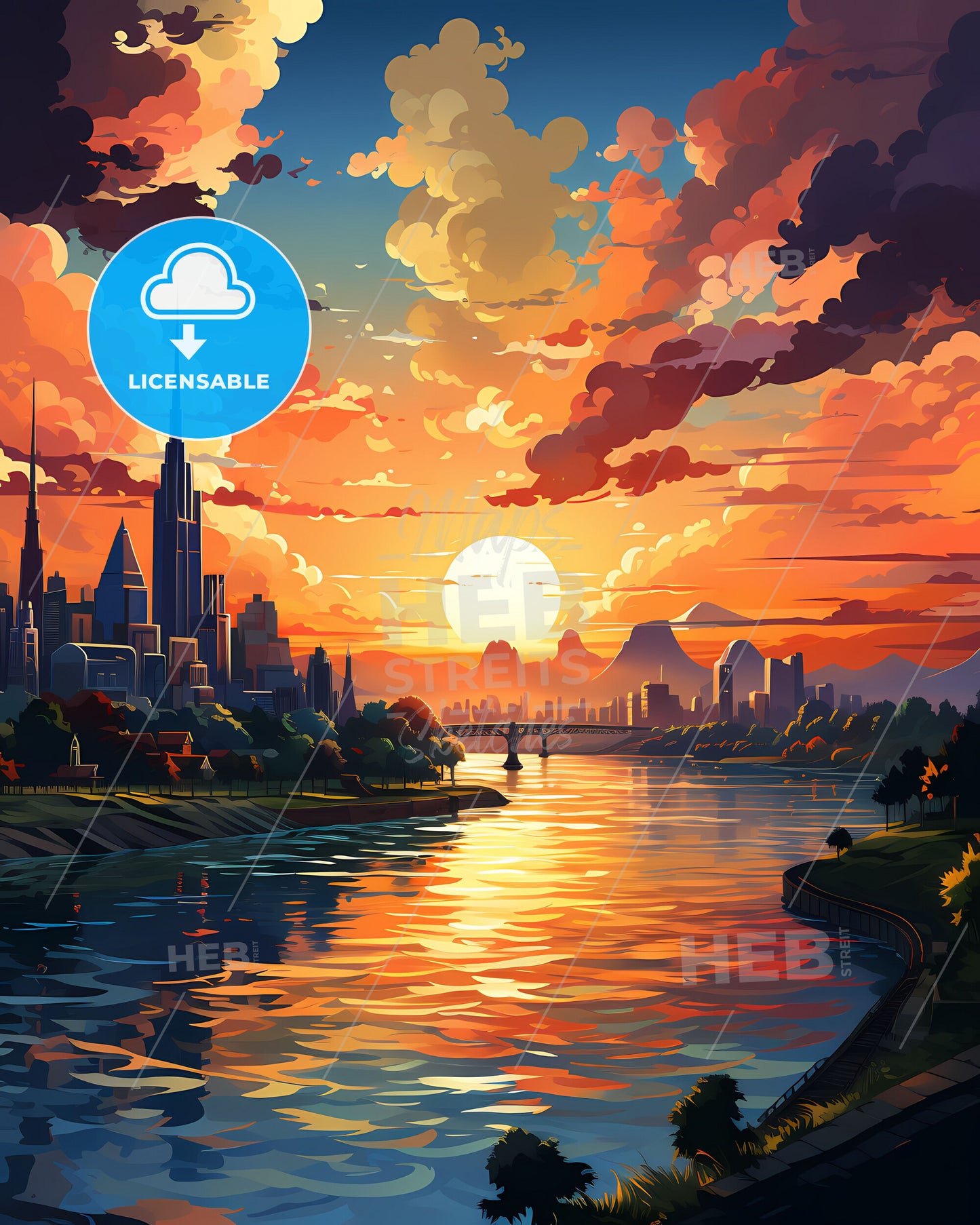 Vibrant Sunset Over Jakarta Skyline - Artistic Riverbank Cityscape