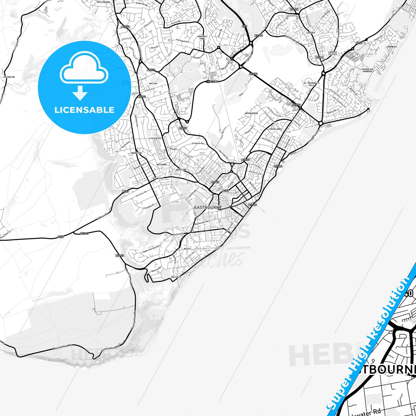 Eastbourne, England Light Map with Street Names, City Names, and Districts