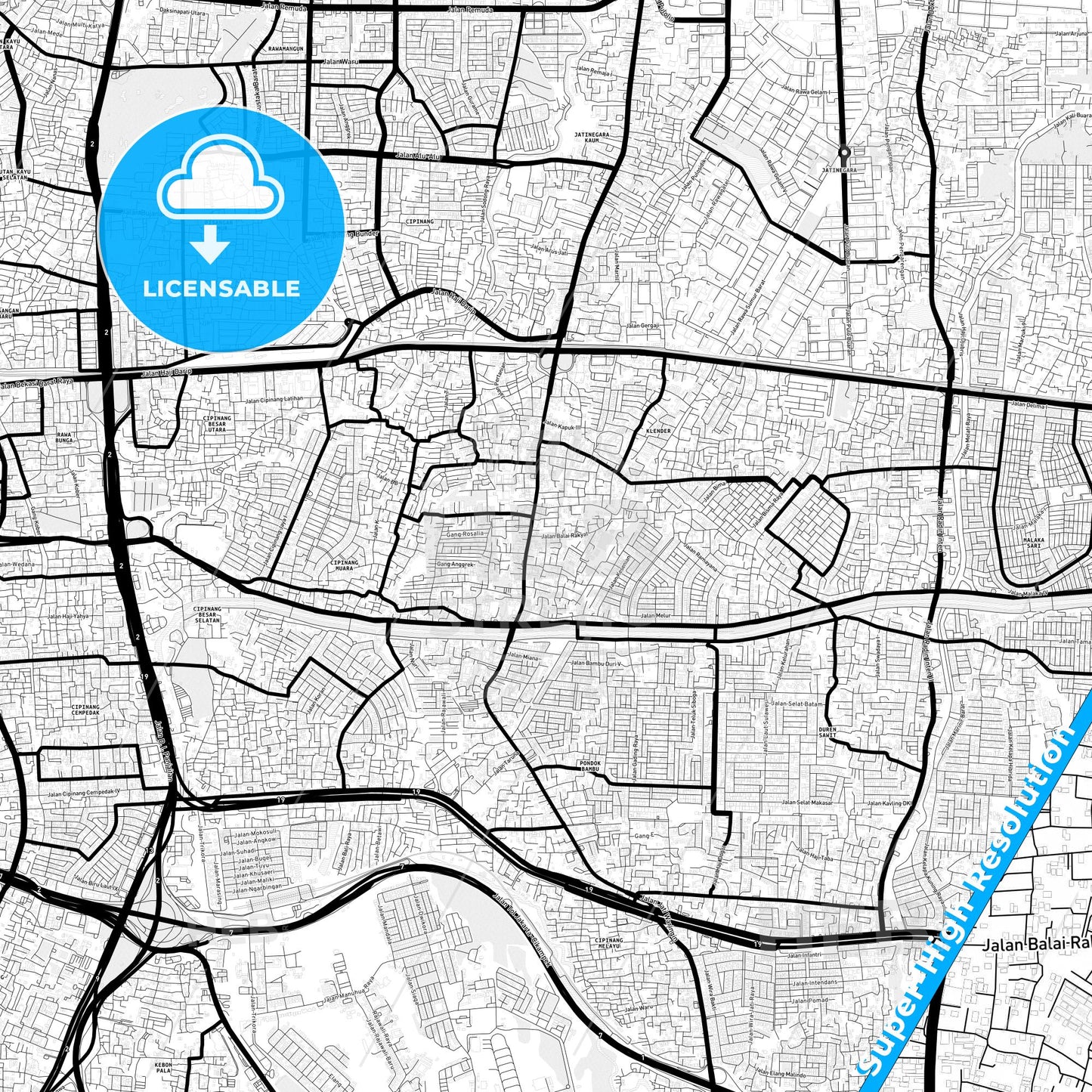 East Jakarta, Indonesia Light Map with Street Names, City Names, and Districts