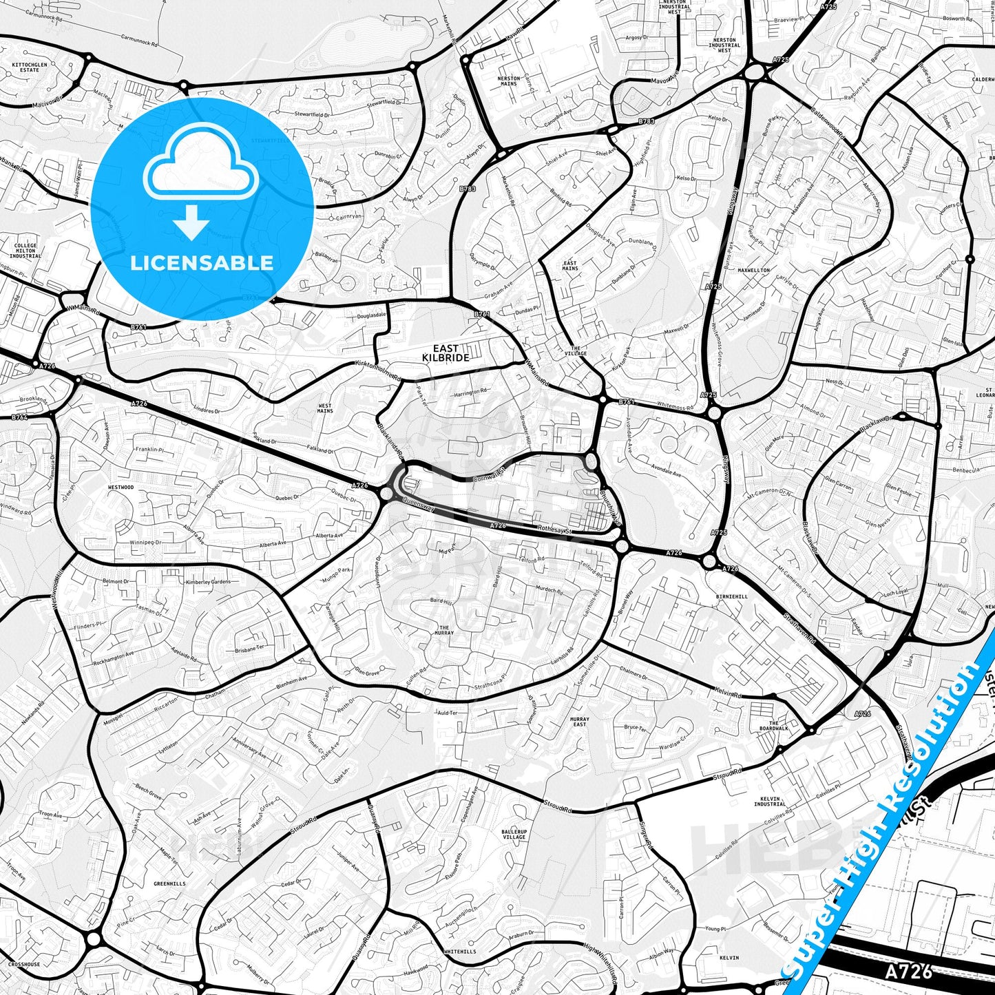 East Kilbride, Scotland Light Map with Street Names, City Names, and Districts