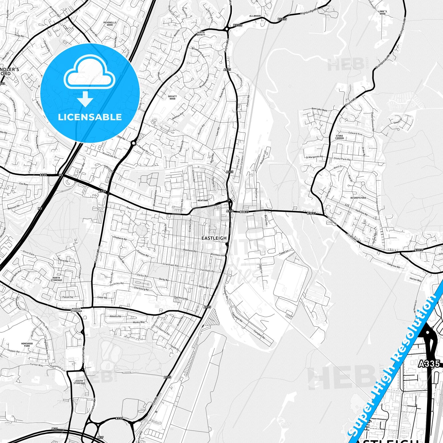 Eastleigh, England Light Map with Street Names, City Names, and Districts