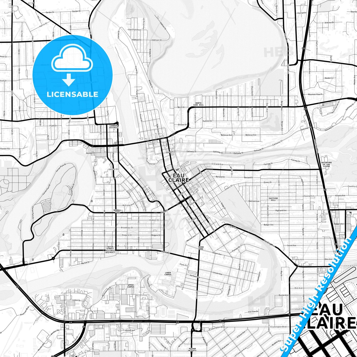 Eau Claire, Wisconsin Light Map with Street Names, City Names, and Districts