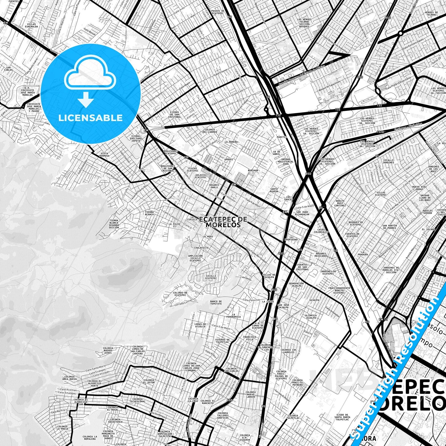 Ecatepec, Mexico Light Map with Street Names, City Names, and Districts