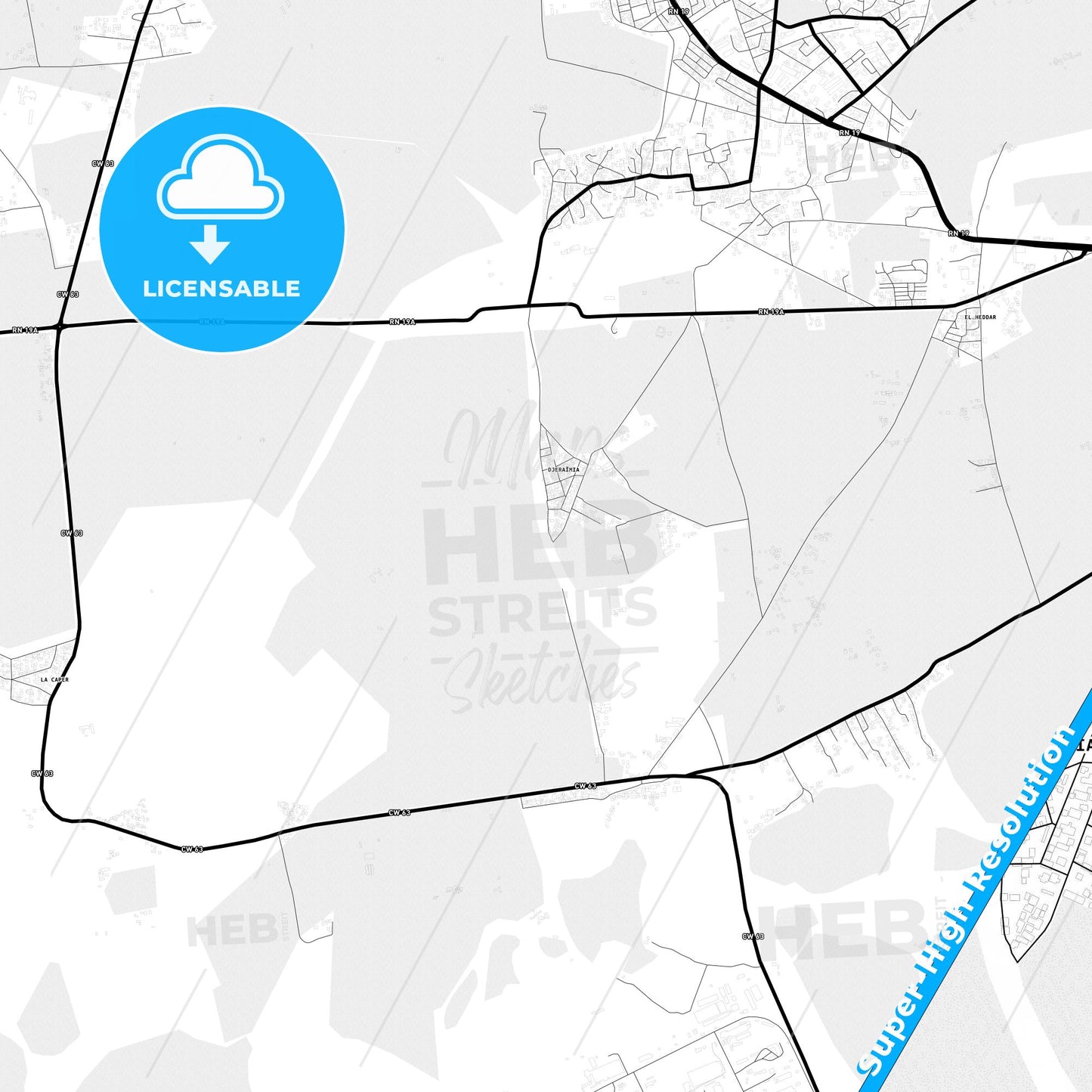 Ech Chettia, Algeria Light Map with Street Names, City Names, and Districts
