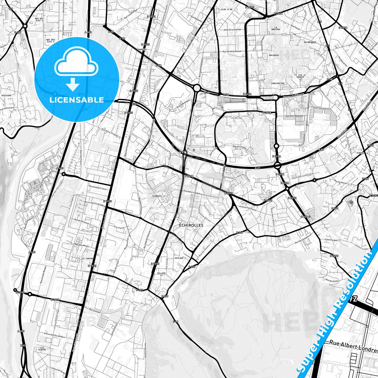 Échirolles, France Light Map with Street Names, City Names, and Districts