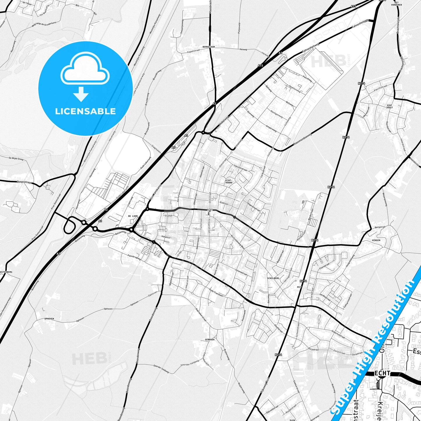 Echt-Susteren, Netherlands Light Map with Street Names, City Names, and Districts