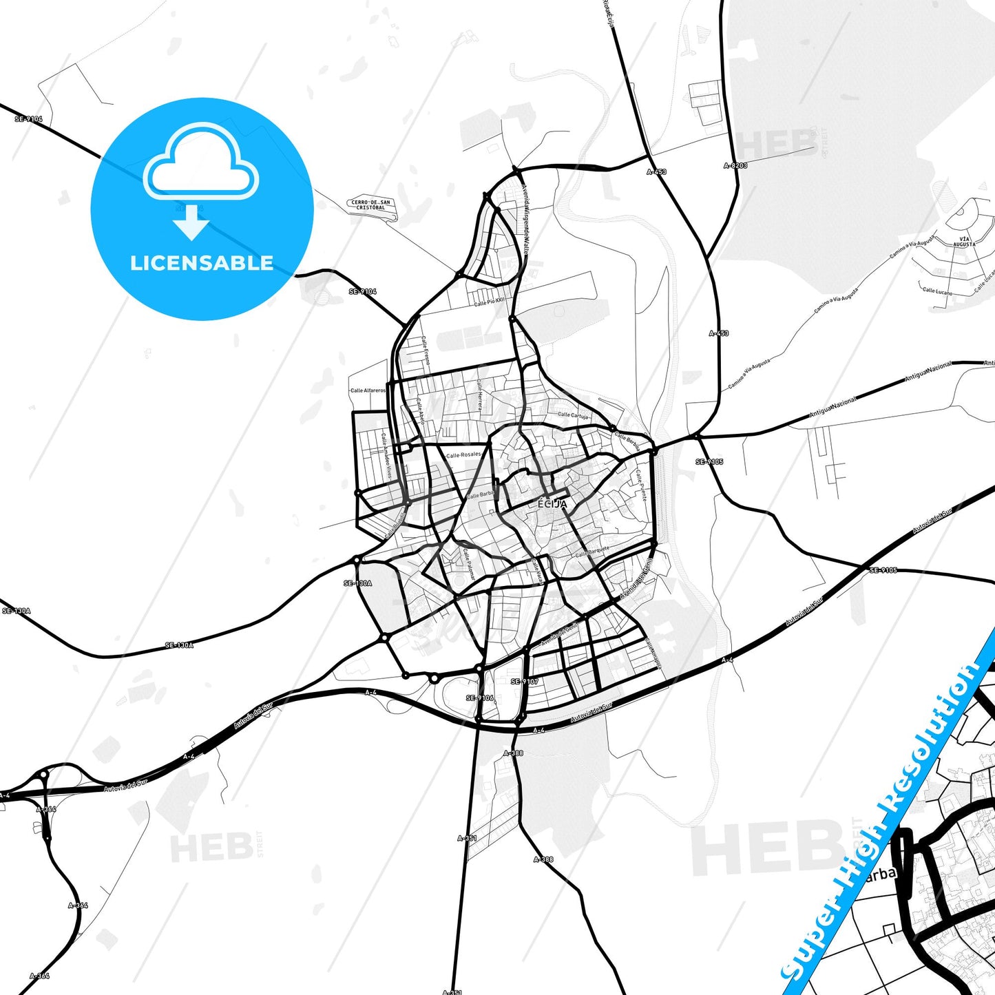 Écija, Spain Light Map with Street Names, City Names, and Districts