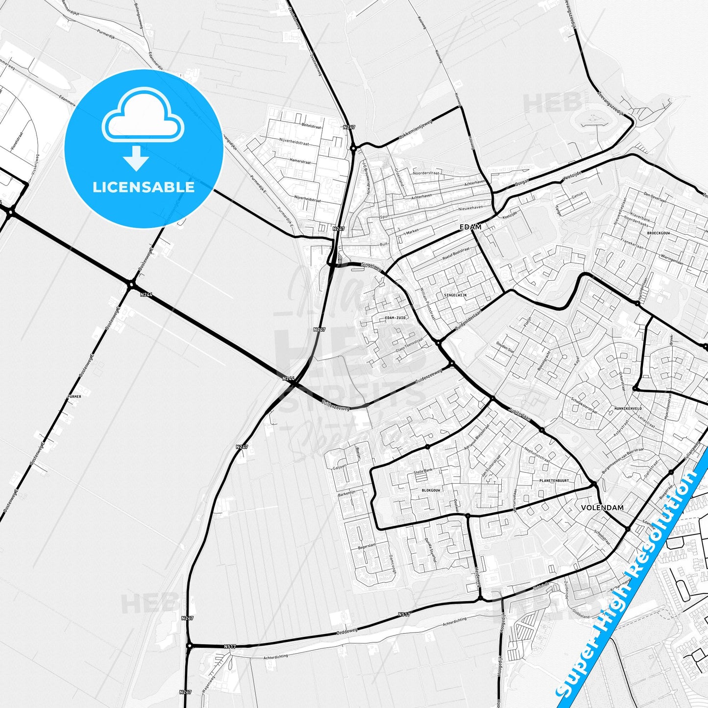 Edam-Volendam, Netherlands Light Map with Street Names, City Names, and Districts