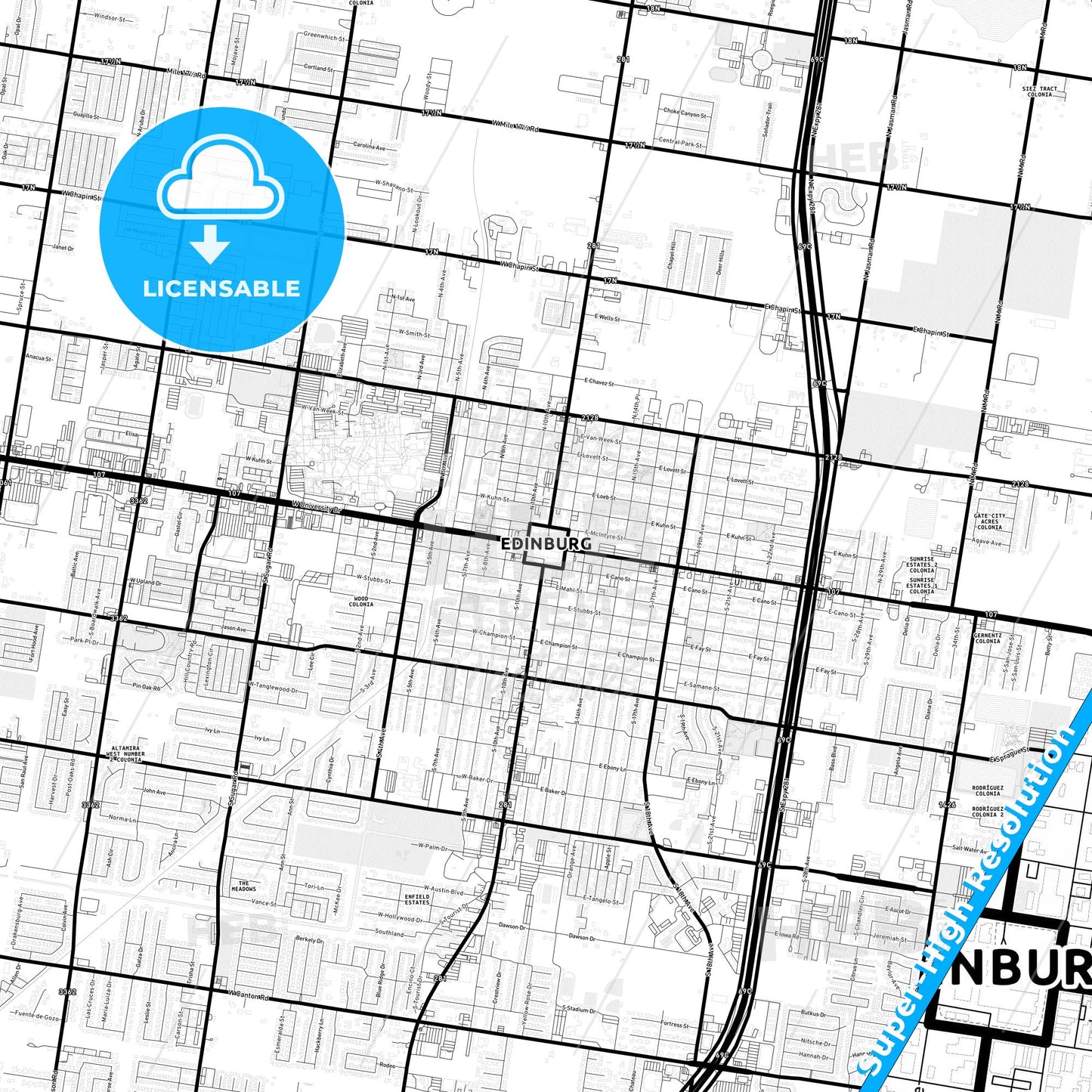 Edinburg, Texas Light Map with Street Names, City Names, and Districts