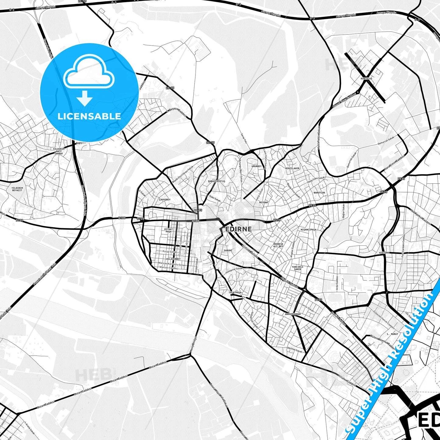 Edirne, Turkey Light Map with Street Names, City Names, and Districts