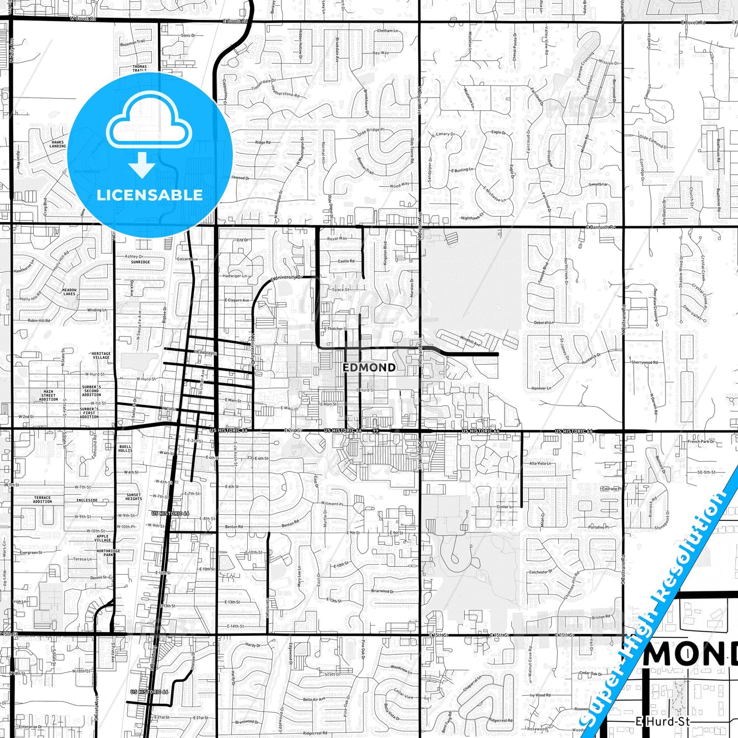 Edmond, Oklahoma Light Map with Street Names, City Names, and Districts