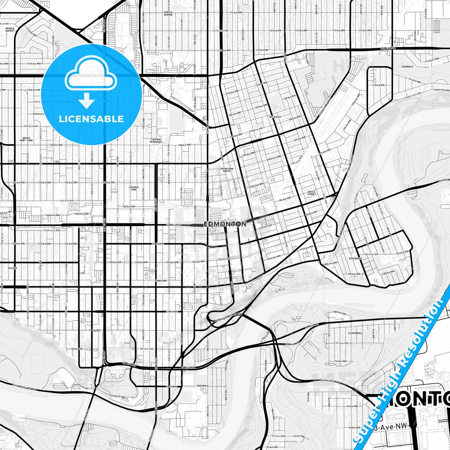Edmonton, Canada Light Map with Street Names, City Names, and Districts