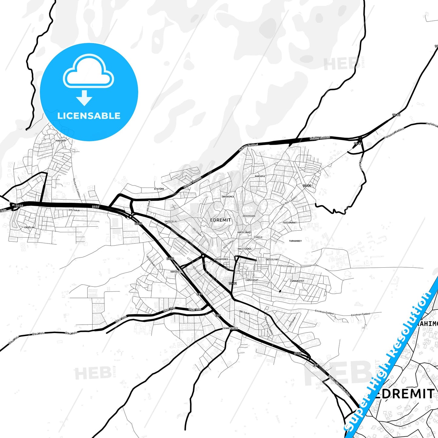 Edremit, Turkey Light Map with Street Names, City Names, and Districts