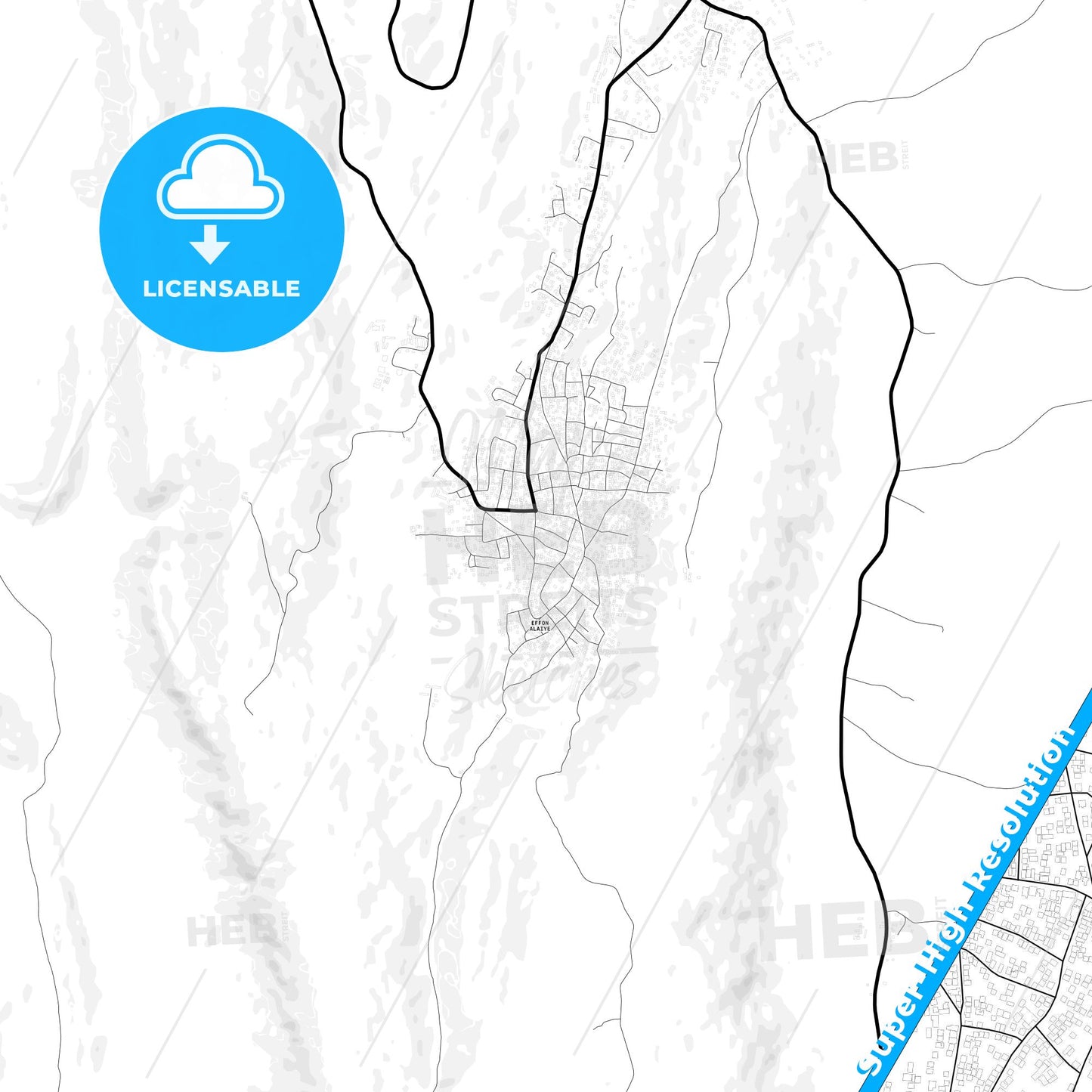 Efon-Alaaye, Nigeria Light Map with Street Names, City Names, and Districts