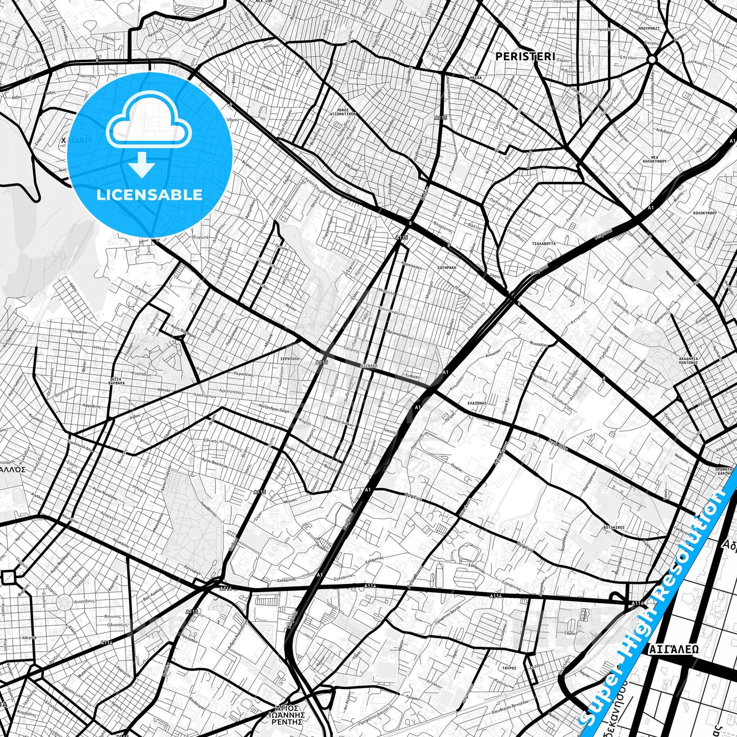 Egaleo, Greece Light Map with Street Names, City Names, and Districts