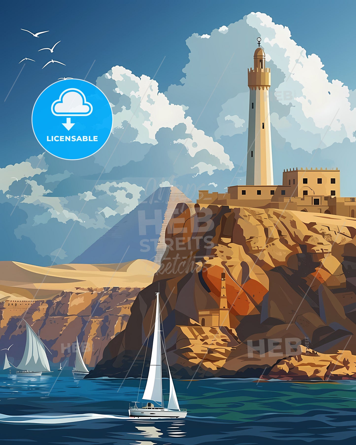 Vibrant African Art Painting: Lighthouse on Cliff with Boats