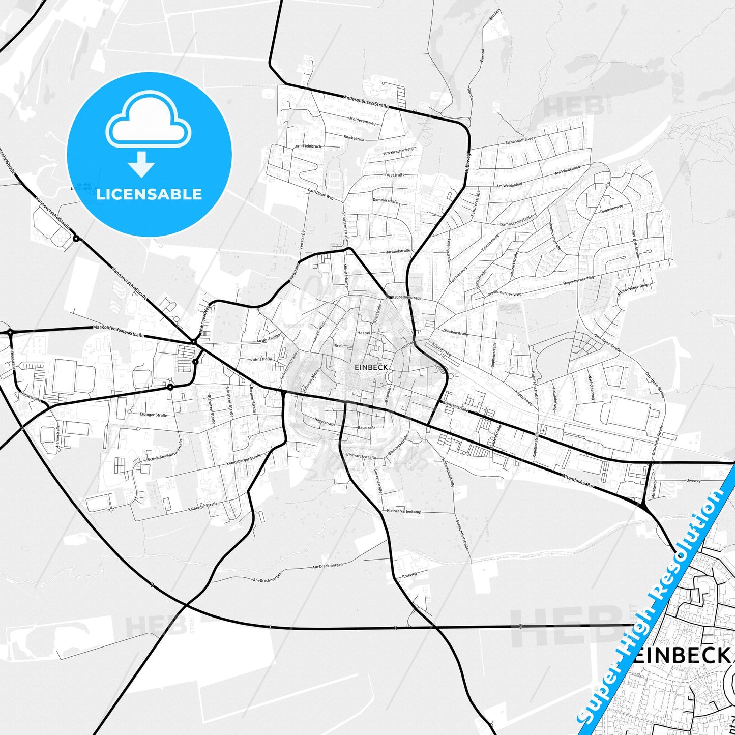 Einbeck, Germany Light Map with Street Names, City Names, and Districts